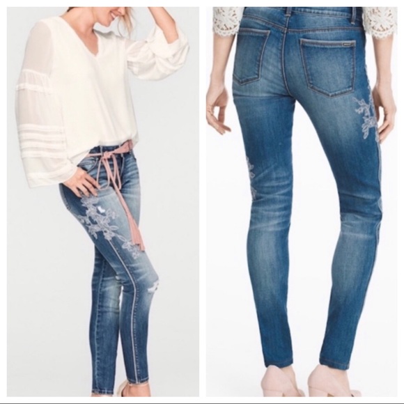 White House Black Market Denim - WHBM Floral Appliqué Distressed ‘The Skinny’ Jeans